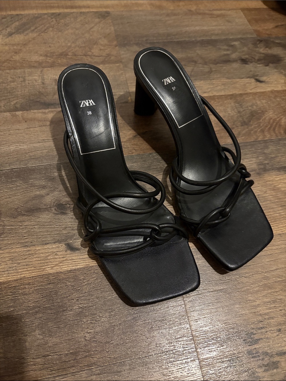 Zara Black Strappy Square-Toe Block Heel Sandals